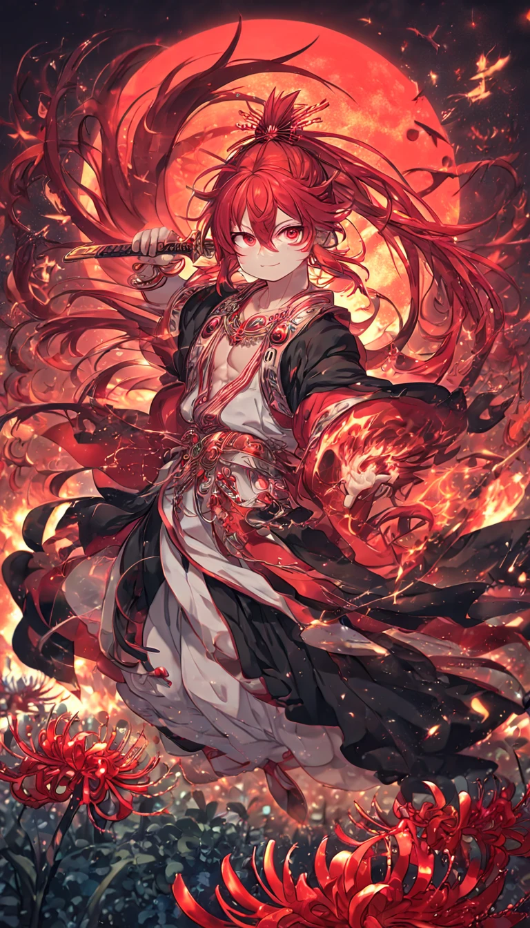 absurdres, highres, ultra detailed, HDR, master piece, best quality, detailed eyes, extremely detailed, Ren Kouen, red hair, hair tied into a topknot, hair between the eyes, medium length hair, red goatee, expressive red eyes, Magi The Labyrinth of Magic, solo, sexy man, handsome, manly man, adult, mature face, a man holding a sword, traditional clothes that are mainly red white and black in colour along with a black flowing cape, magical, fantasy, red spider lilies, red glittering dragonflies, red glittering moon, garden, red trees, red particles, fire