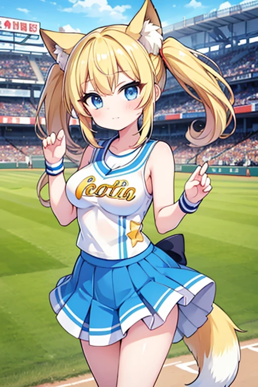 Highest quality,masterpiece,Blonde with blue eyes、Cheerleader、foxpose,foxtail,foxear,(koshien BaseballStadium1.1),Beautiful breasts、Twin tails、Girl&#39;s cute eyes,,jumping,under boob,enjoy,