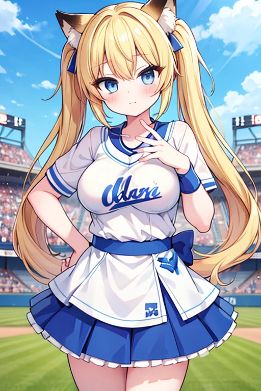 Highest quality,masterpiece,Blonde with blue eyes、Cheerleader、foxpose,foxtail,foxear,(koshien BaseballStadium1.1),Beautiful breasts、Twin tails、Girl's cute eyes,,jumping,under boob,enjoy,