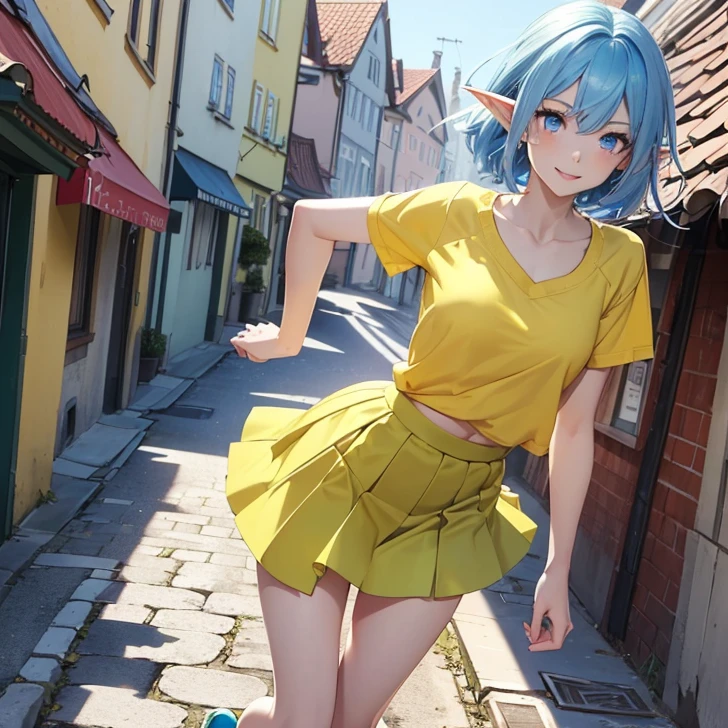 Absurdres, masterpiece, highest quality, very detailed features and textures, alone solo character, anime style, fantasy genre
{{(14 years old blue haired elf girl: (pale skin, short messy spiky sapphire blue hair, heterochromatic eyes, very thin lips, nice teenage body, breasts, big butt, beautiful arms, beautiful legs, happy face, open smile, running happy), (yellow shirt, green skirt, pink shoes), (danish city street, sunny morning, danish houses around)}}
