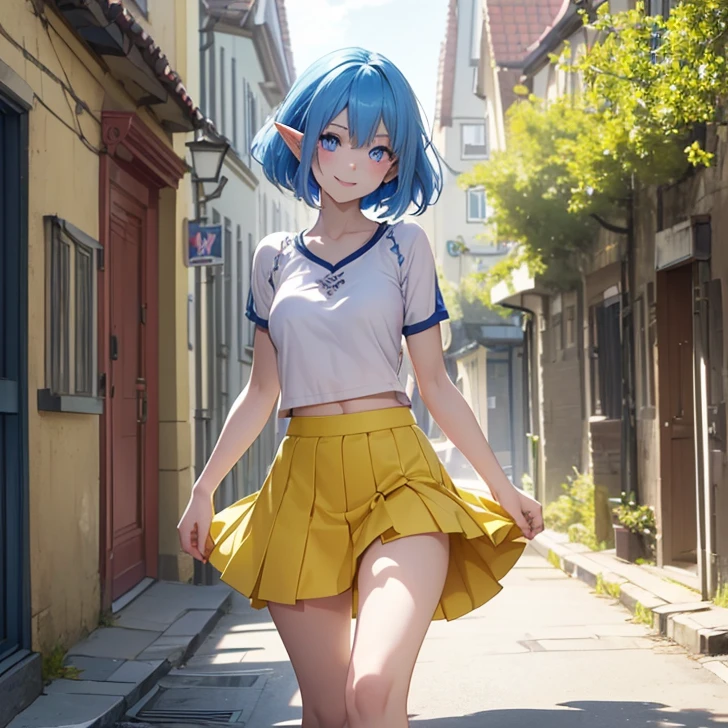 Absurdres, masterpiece, highest quality, very detailed features and textures, alone solo character, anime style, fantasy genre
{{( blue haired elf girl: (pale skin, short messy spiky sapphire blue hair, heterochromatic eyes, very thin lips, nice teenage body, breasts, big butt, beautiful arms, beautiful legs, happy face, open smile, running happy), (yellow shirt, green skirt, pink shoes), (danish city street, sunny morning, danish houses around)}}