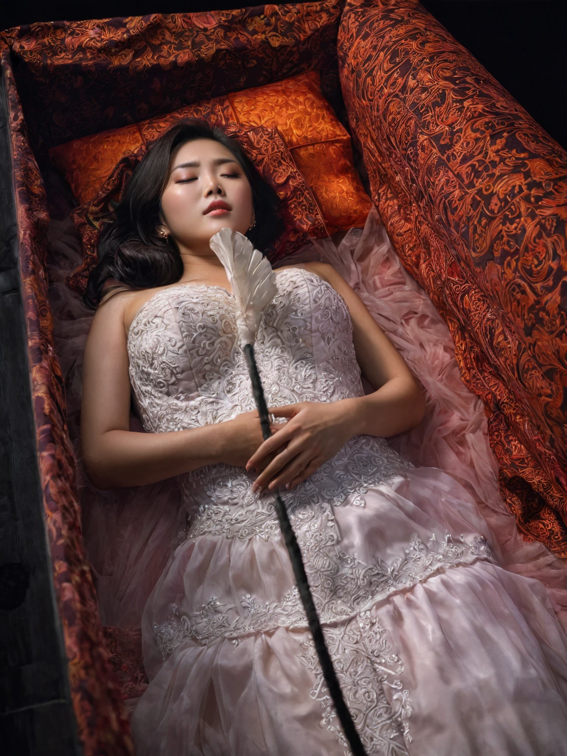 In a striking 8K HDR scene, a stunning Korean woman, 22 years old, lies peacefully in a coffin and coffin cover surrounded by plush pillows. The deep box is set against a rich black background, accentuating the beauty of the subject. Her exquisite deep-V neckline kebaya attire is embroidered with superb detail, showcasing her round and firm breasts, perfect cleavage, and beautiful eyebrows. Her closed eyes and mouth give an air of serenity, while her visible and absolute cleavage leave nothing to imagination. The scene is bathed in saturated colors, highlighting every intricate aspect from the ball skirt to her clean face, straight body, detailed hand perfect hands, straight body, own hands together, own hand on stomach, detailed hands, perfect hands.