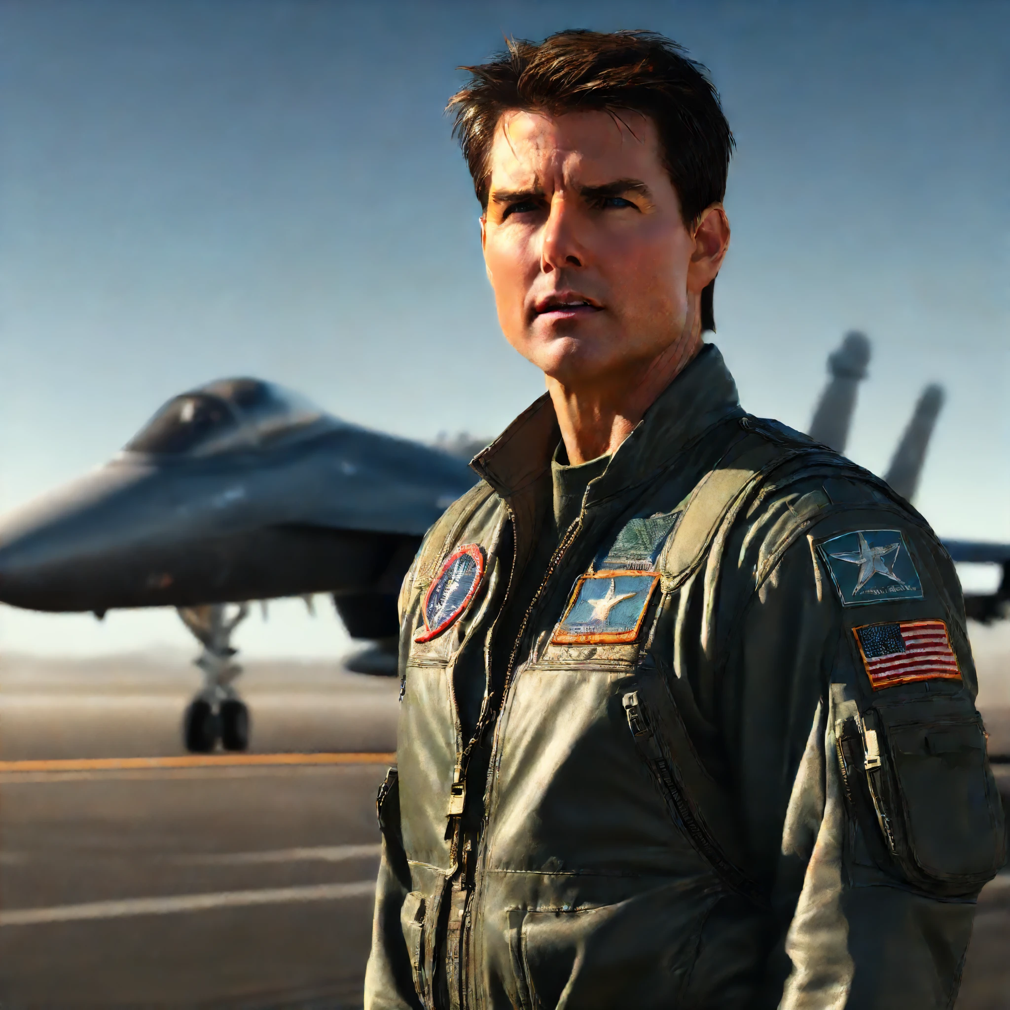 Tom Cruise from Top Gun, standing on the runway with a jet flying past,, (skin texture), intricately detailed, fine details, hyperdetailed, raytracing, subsurface scattering, diffused soft lighting, shallow depth of field, by (Oliver Wetter) professional PHOTOGRAPHY by Laura Radford, Atey Ghailan, Studio Ghibli, by Jeremy Mann, Greg Manchess, Antonio Moro, trending on ArtStation, trending on CGSociety, Intricate, High Detail, Sharp focus, dramatic, photorealistic painting art by (greg rutkowski:1.4), bokeh