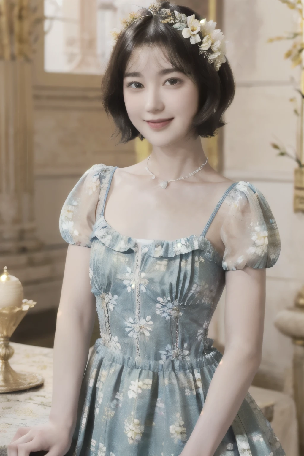 267 (20-year-old princess,Are standing), (Tabletop), ((short hair:1.46)), (chest:1.46), Old-fashioned smile, (Floral Dress:1.46), (Majestic Palace:1.46) 80