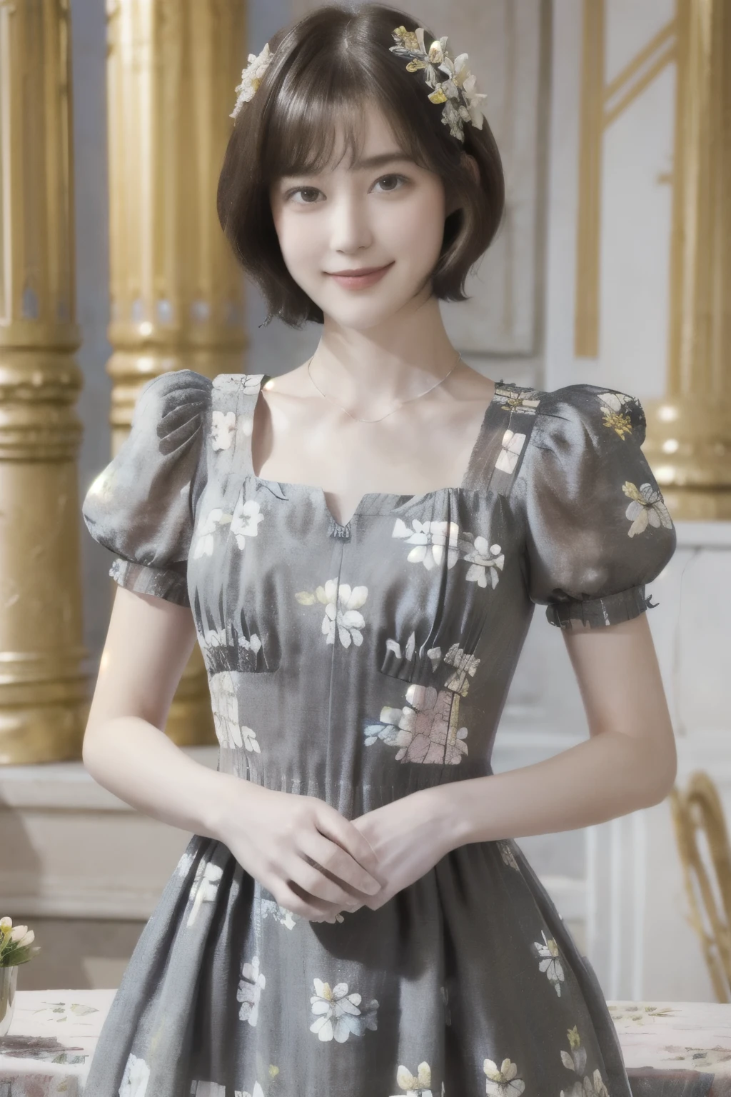 267 (20-year-old princess,Are standing), (Tabletop), ((short hair:1.46)), (chest:1.46), Old-fashioned smile, (Floral Dress:1.46), (Majestic Palace:1.46) 80