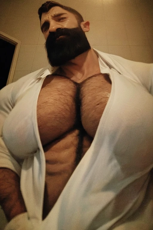 Very muscular Italian man in chef clothes with bare breasts touching his chest