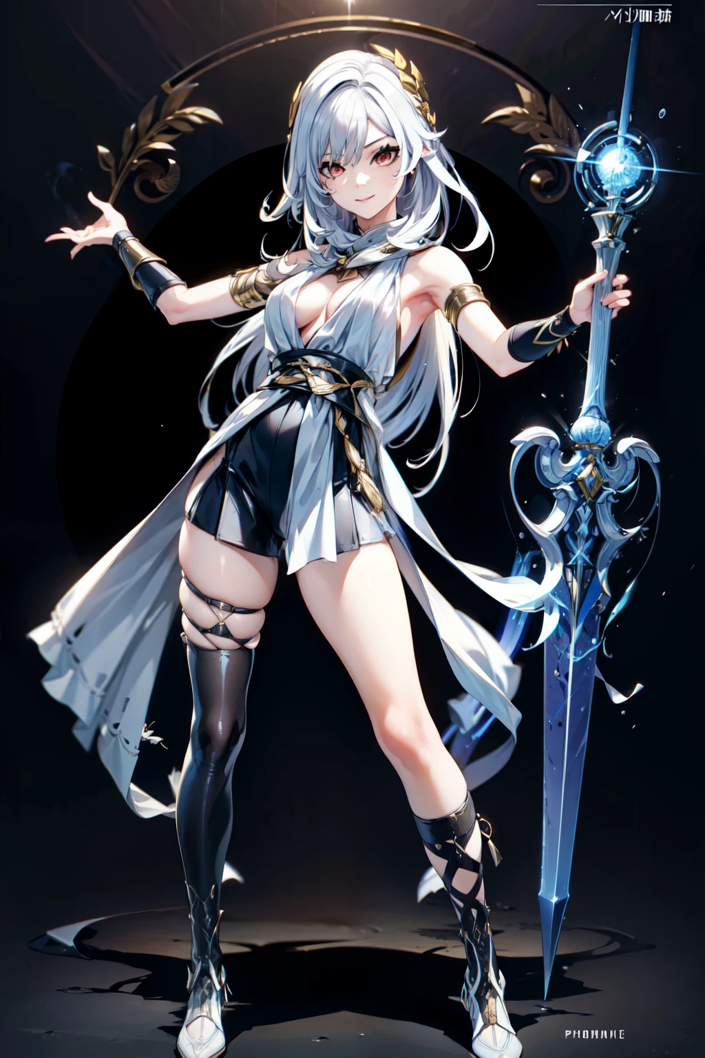 (masterpiece, best quality:1.2), perfect eyes, perfect face, ultra detailed face , strong make up, highres, 1 girl, solo, make up, (female:1.5),satin, white anciente greek clothes, sleeveless turtleneck, bracer, evil smile, standing, portrait, looking at viewer, giant sword on the back, long leather boots, fullbody shot