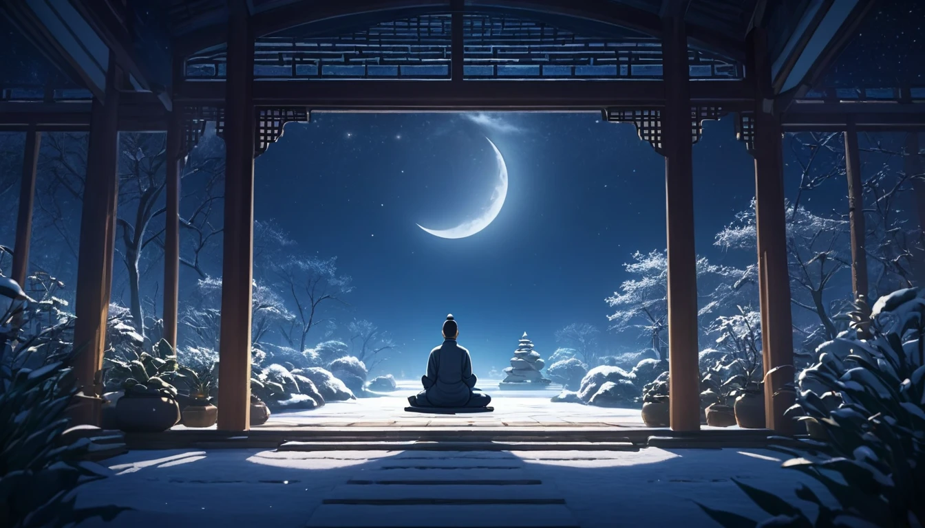 Oriental person meditating. The setting is a winter garden, under the moonlight. Beautiful landscape with a winter garden.   night sky. cinematic lighting. Person meditating. meditation 