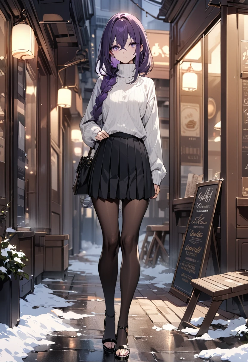 masterpiece, (bestquality), highly detailed, cold, calm, expressionless, emotionless, elegant, solo, (1 adult female), dark purple hair, very long single braid, crossed bangs, light purple eyes, ((detailed eyes)), white turtleneck, long black pleated skirt, dark tights, black high-heeled sandals, coffe shop, street background, relax, full body