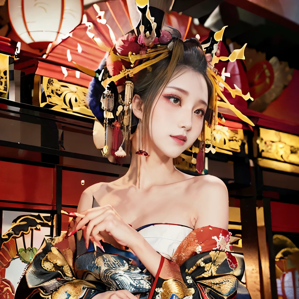 8kウルトラHD, Digital SLR,Film Grain, Fujifilm XT3,(Highest quality:1.3), (masterpiece:1.1), High resolution, Cinematic Light, Intricate details, (Realistic) (Night view) Realistic backlight、Dramatic reddish light、Beautiful Japanese Geisha full body photo, ((Facial texture Pore details)), Grin、Devilish smile, Simple messy hairstyle, She wears a black satin kimono decorated with traditional dragon motifs..., Open shoulders, Colorful dragon tattoos all over the body, Long blade, Japan sword with long blade in hand,Inside a traditional villa, 8k, Front blur