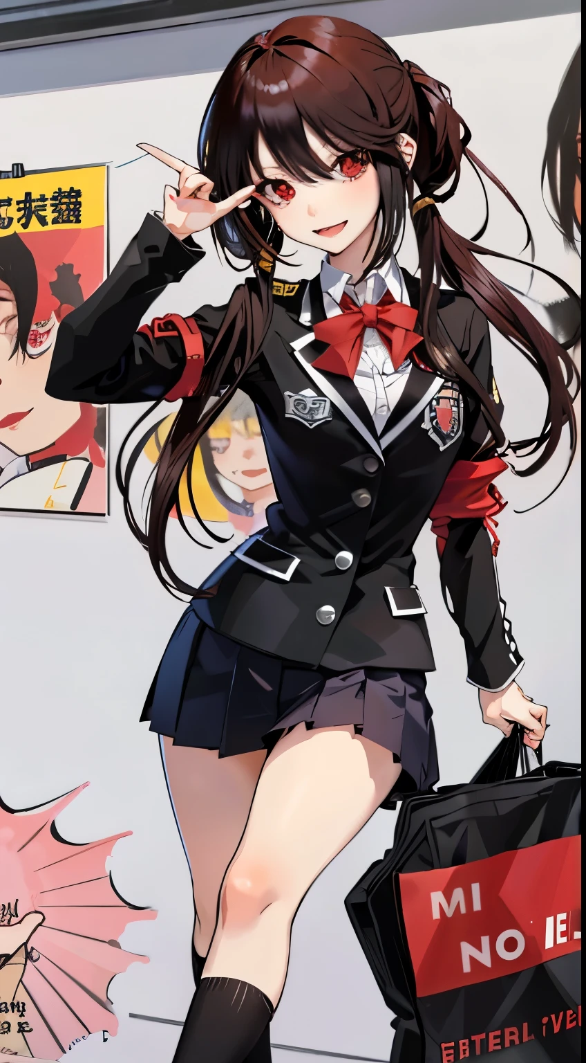 tokisaki kurumi ,brunette color hair,Red pupils fleshy thighs,Poster publicity style,Uniforms,busty figure,C cup,Happy expression