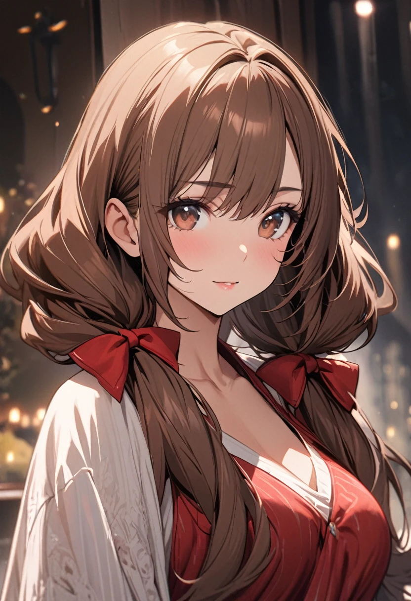 Solo, 1girl, Long Hair, brown hair, brown eyes, mature, high detail, low twin tails, red bow, high detail, beautiful eyes, beautiful color