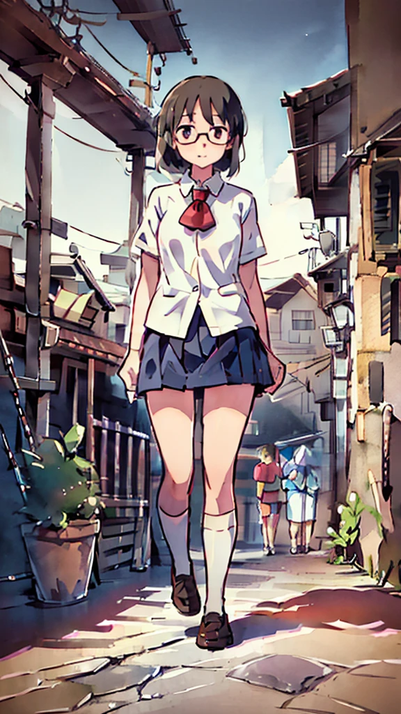 Nsfw、masterpiece, high quality, 4K, HDR,, Stable Diffusion prompt: schoolgirl with short、brown hair and red-framed glasses, wearing a white blouse and navy skirt, white panties visible, navy socks and brown loafers, in a state of arousal and trembling with sexual climax,simple illustration style, in a nichijou (everyday life) setting