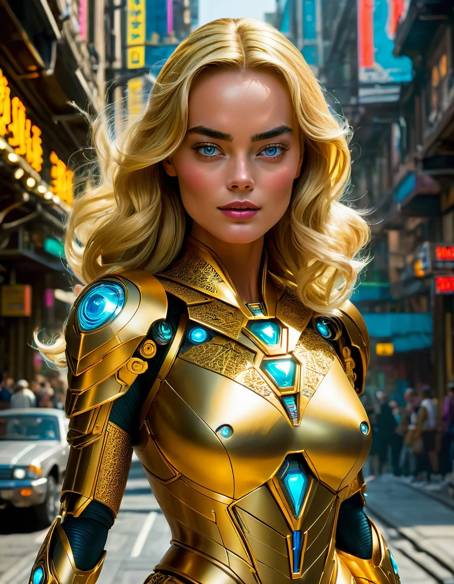 Margot Robbie as An enigmatic beautiful golden haired woman, she's from other planet, has extraordinary strength and power, seeking for her cousin, Donning a Kryptonian noble warrior costume, levitate, insanely detailed and intricate background scene, the eighties era, professional masterpiece street photography, in midjourney 5 style. in 4x upscale