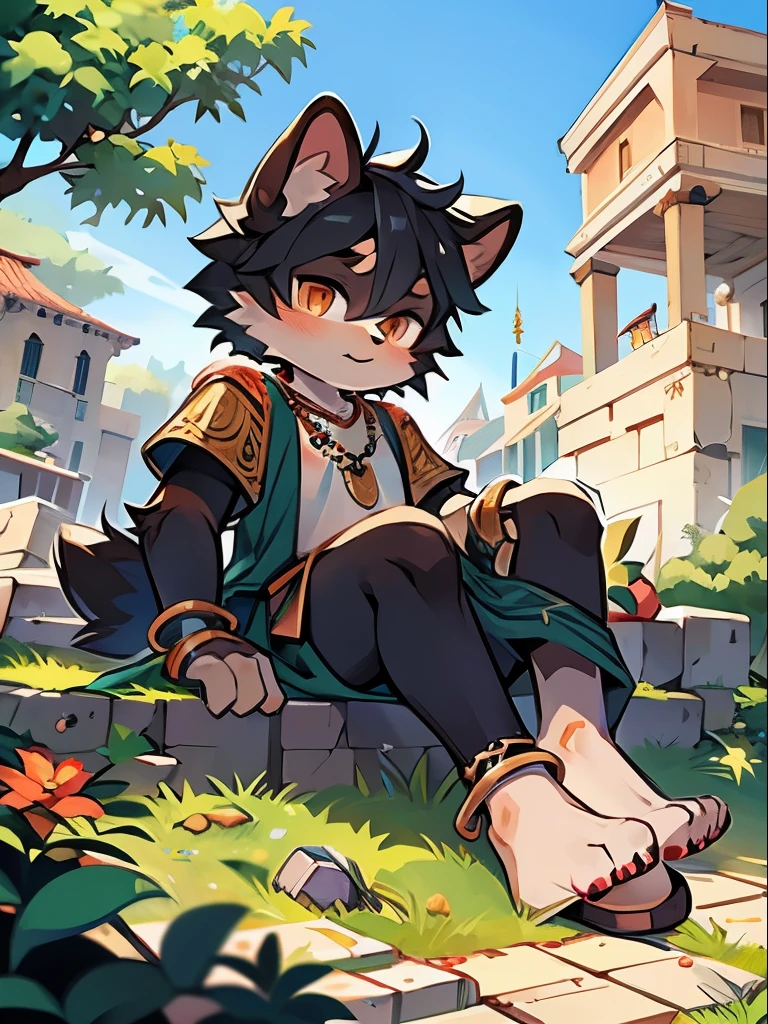 resting,big师杰作,high resolution,8ก,Detailed background,High quality,resting,resting,(black fur,timid,golden eyes,fluffy fur,Fine fur)) , to break apart, stalwart,( boy with sexual desire,Shota) doll,fig leaves,loincloth(ancient greek architecture,market,necklace,bracelet),alone,lift your feet,shoe soles,for the audience,express,,big
