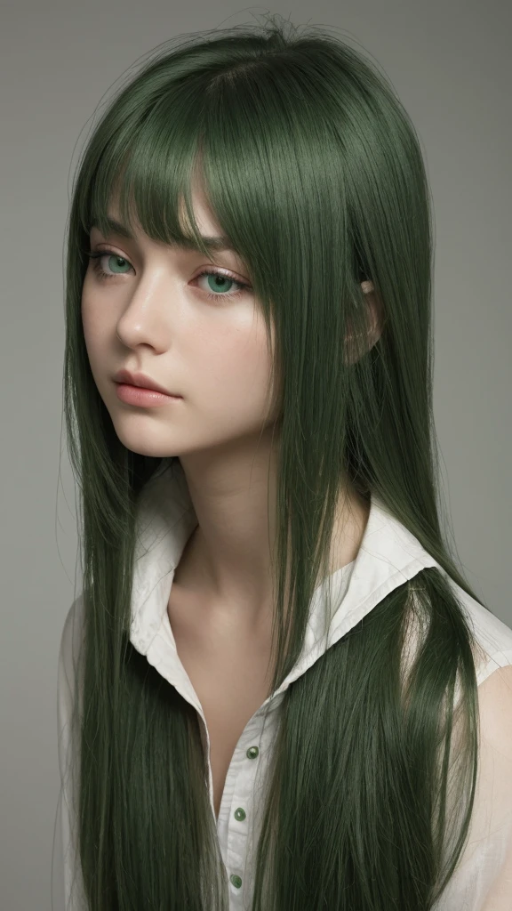 a European girl. delicate facial features. half-closed eyes. green eyes. long straight hairstyle. messy hair. green hair. Sad. straight face