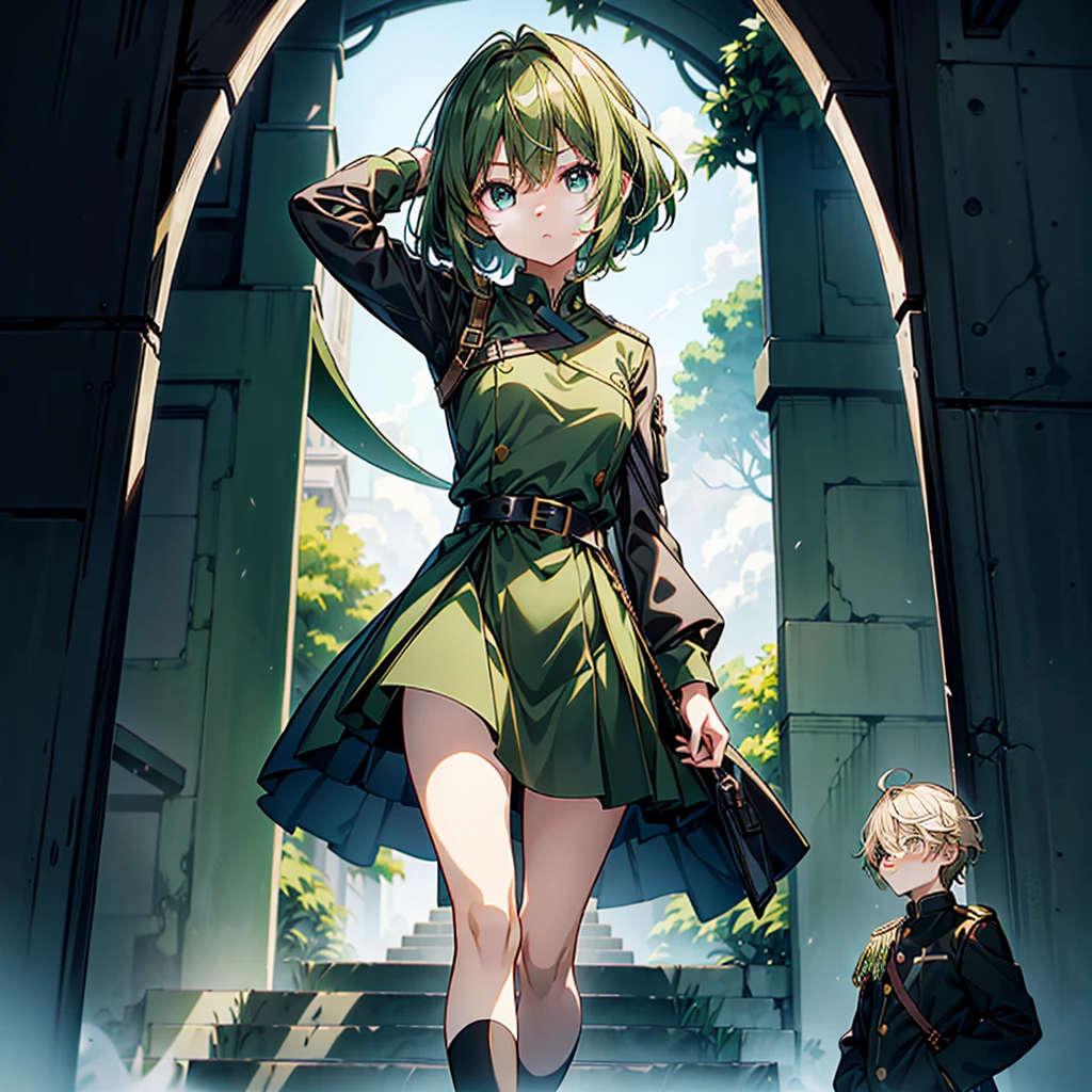 1girl、Simple green background、(((Highest quality、Masterpiece、Official Art、Super detailed、Golden Ratio、Anime Style、The best dynamic composition)))、Keyakizaka46、Silent Majority、Dark green dress、A-type dress、Above the knee、Black knee-high socks、Black Loafers、uniform、Red ribbon on chest、White shirt、Face close-up、