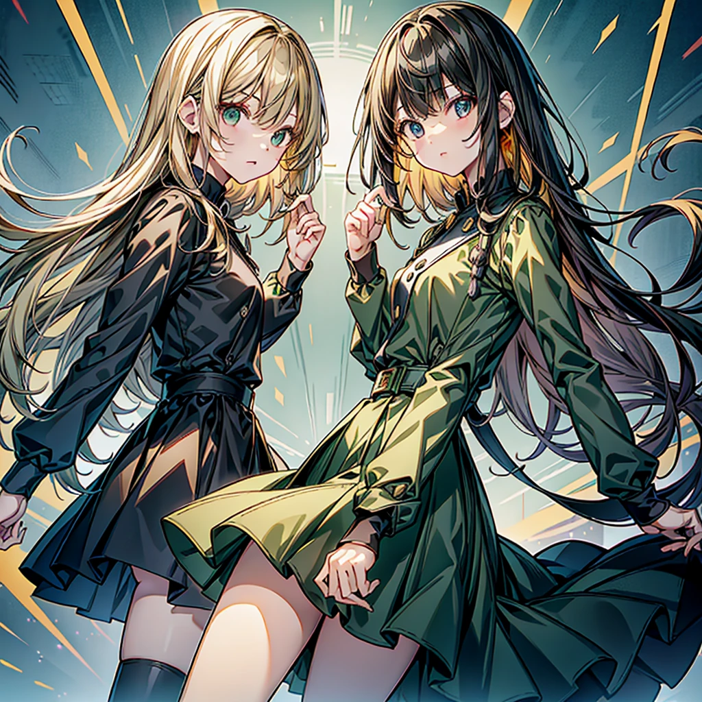 1girl、Simple green background、(((Highest quality、Masterpiece、Official Art、Super detailed、Golden Ratio、Anime Style、The best dynamic composition)))、Keyakizaka46、Silent Majority、Dark green dress、A-type dress、Above the knee、Black knee-high socks、Black Loafers、uniform、Red ribbon on chest、White shirt、Face close-up、