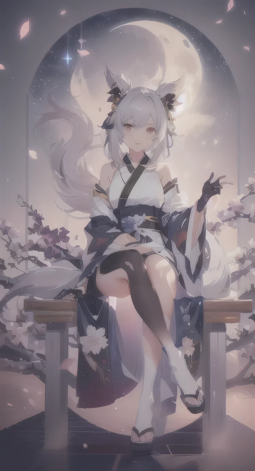 Anime girl sitting on a bench with the moon in the background, gray hair deity, onmyoji, gray hair 여우, Onmyoji Detailed Art, Onmyoji portrait, gray hair lady, Anime Art Wallpaper 8 K, animation style 4k, In Arknights, gray hair, Rising in popularity on Art Station pixiv, Cute anime waifu in a fancy dress