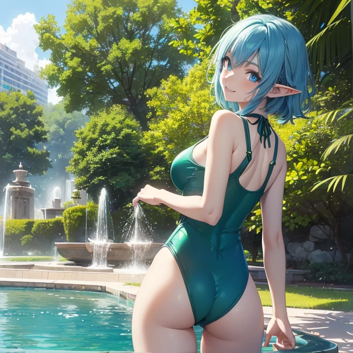 Absurdres, masterpiece, highest quality, very detailed features and textures, alone solo character, anime style, fantasy genre
{{( blue haired elf girl: (pale skin, short messy sapphire blue hair, heterochromatic eyes, very thin lips, nice teenage bodyeasts, big butt, beautiful arms, beautiful legs, happy face, open smile, running happy), (green one-piece swimsuit), (fountain plaza, natural park, marmol road, sunny morning)}}
