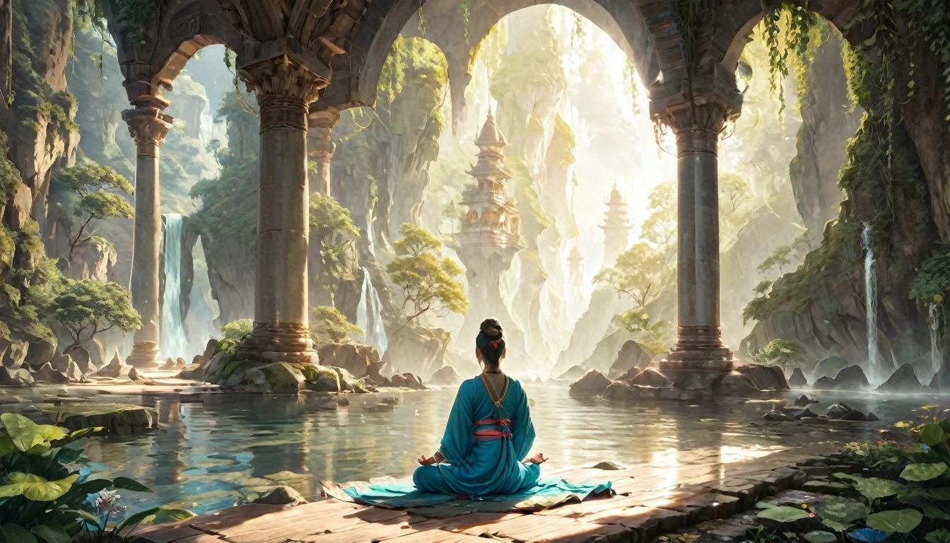 Namaste. Person meditating. Loose Clothes. dreamlike and fantasy world. Feeling of Fullness. details Intricate. cinematic lighting.