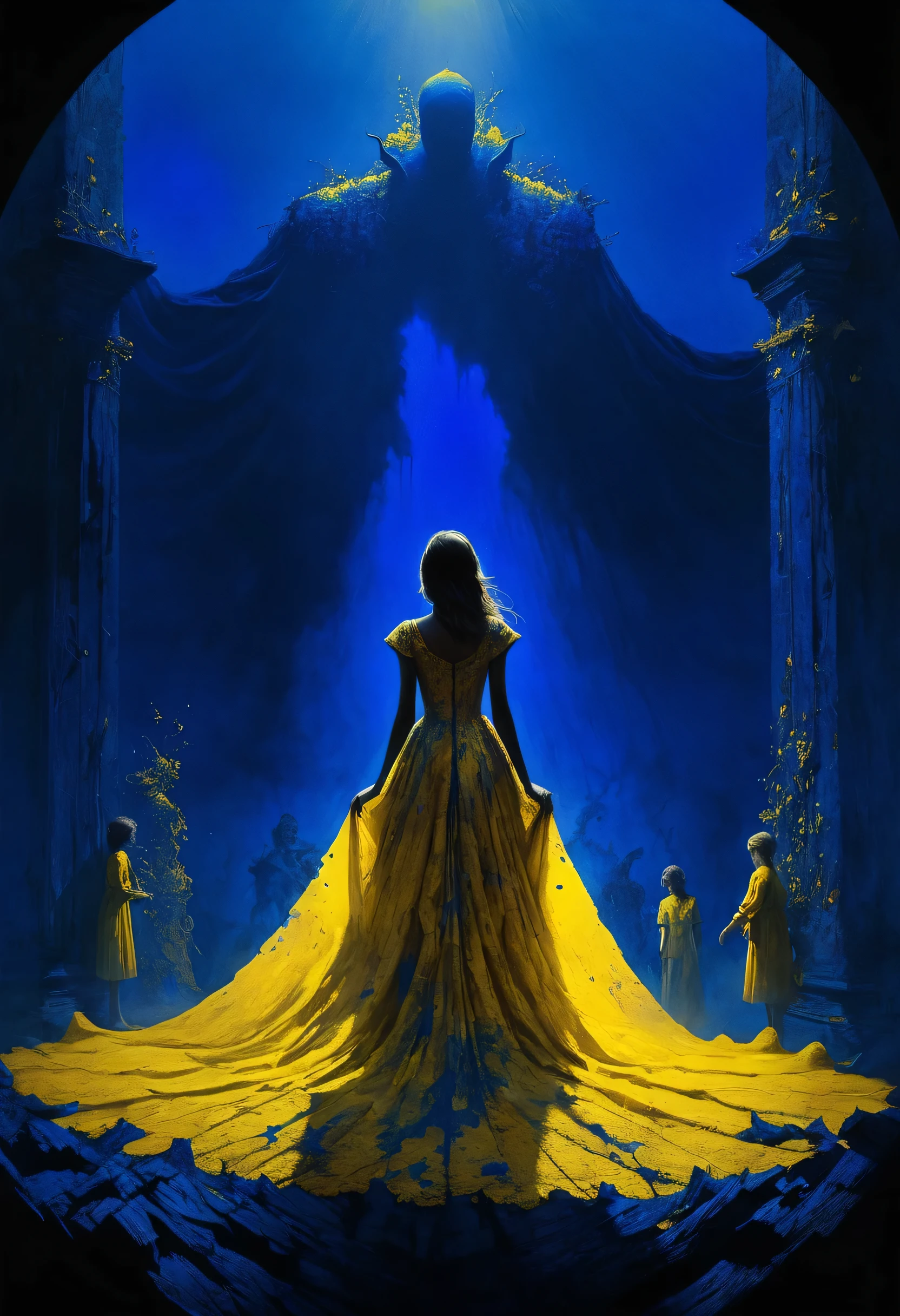 Raising hell creating discord, storytelling artwork, little characters, horror movie scene, blue and yellow, royal blue and golden yellow, 4D, 8K, photorealistic, dreamlike, silhouette of a woman dress, big and complex composition, masterpiece, artwork by Beksinski, artwork by Bernie Wrightson
