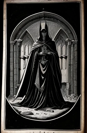 medieval image of a dark alien, horor, death and destruction, black andwhite, low quality