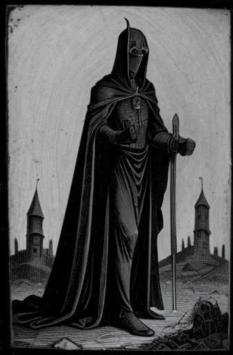 medieval image of a dark alien, horor, death and destruction, black andwhite, low quality