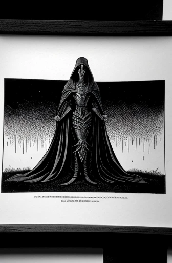 medieval image of a dark alien, horor, death and destruction, black andwhite, low quality