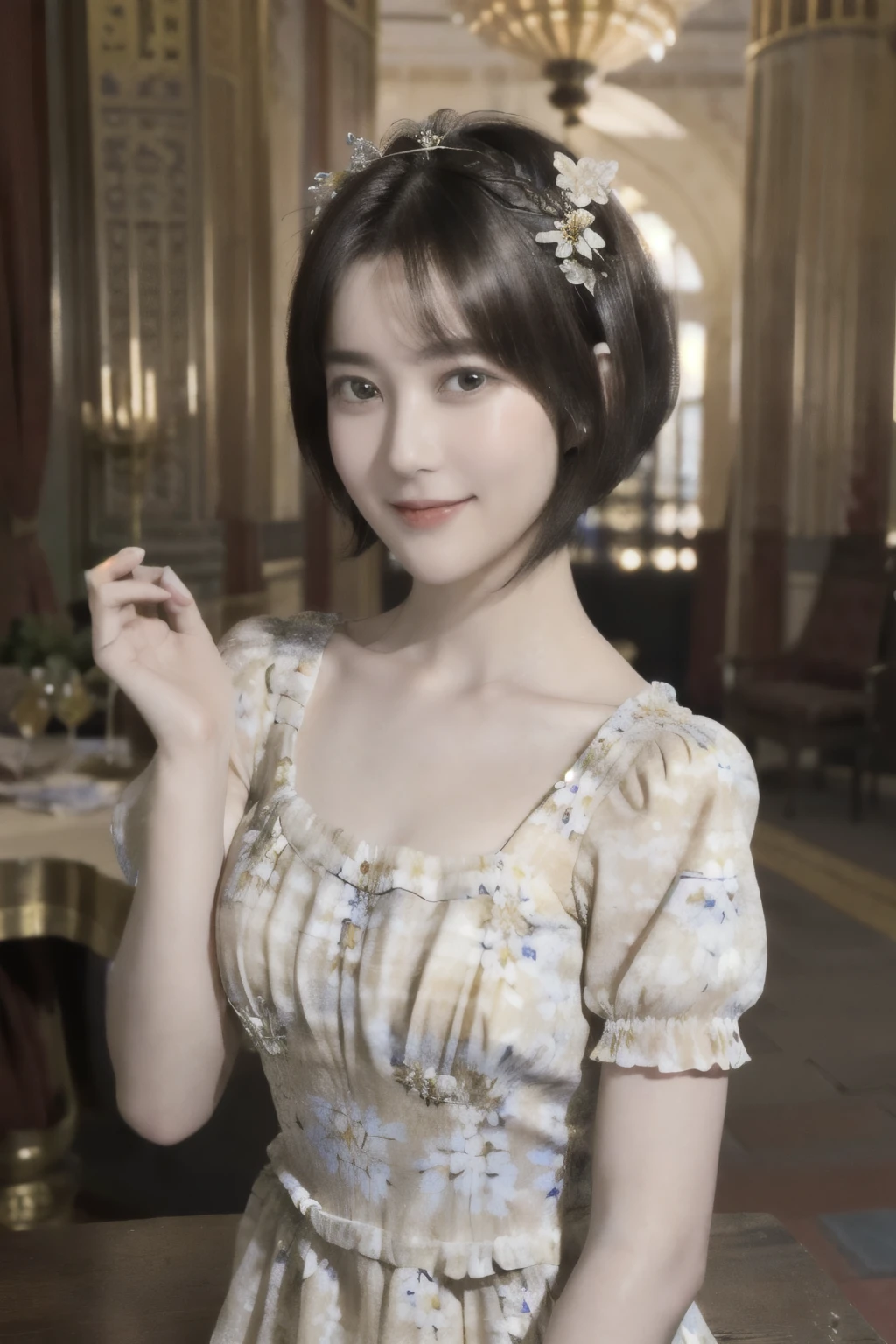 267 (20-year-old princess,Are standing), (Tabletop), ((short hair:1.46)), (chest:1.46), Old-fashioned smile, (Floral Dress:1.46), (Majestic Palace:1.46) 80