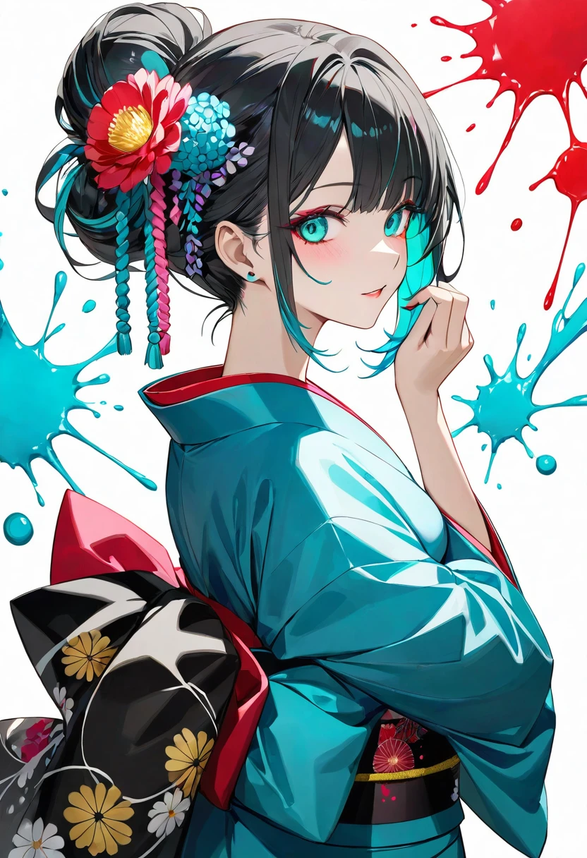 masterpiece, Highest quality, 1 girl, kimono, (Licorice flower) For hair, Very detailed, High resolution, Put your hair up, (Aqua ink and paint splatter), (Aqua ink and paint splatter), (Black ink, Black paint splashes), watercolor, Vibrant colors, Octane