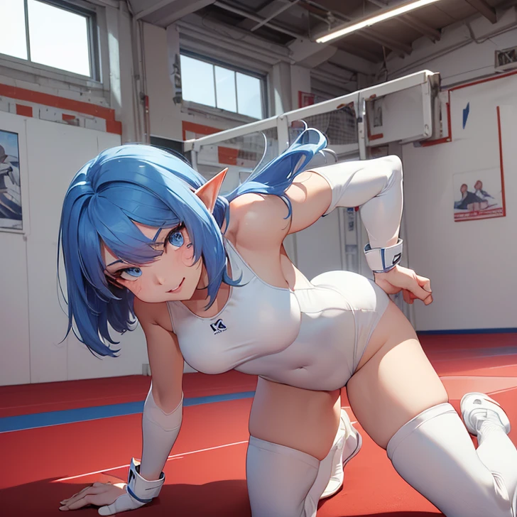 Absurdres, masterpiece, highest quality, very detailed features and textures, alone solo character, anime style, fantasy genre
{{( blue haired elf girl: (pale skin, short messy sapphire blue hair, heterochromatic eyes, very thin lips, nice teenage bodyeasts, big butt, beautiful arms, beautiful legs, happy face, open smile, aggresive combat pose), (white Wrestling one-piece leotard, white knee pads, white elbow pads, white wristbands, white long boots), (wrestling gym, white mat, white turnbuckles, red rops, white gym walls, training session)}}