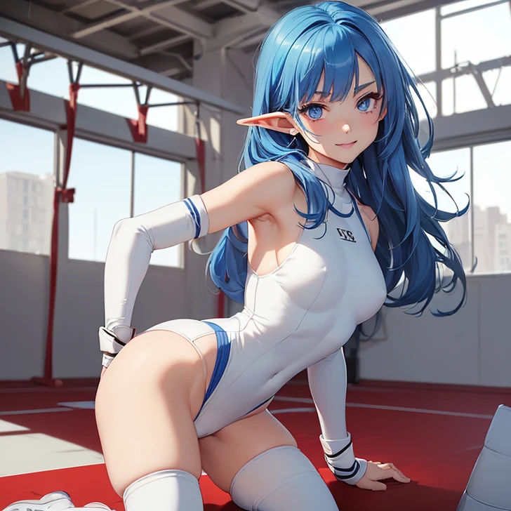 Absurdres, masterpiece, highest quality, very detailed features and textures, alone solo character, anime style, fantasy genre
{{( blue haired elf girl: (pale skin, short messy sapphire blue hair, heterochromatic eyes, very thin lips, nice teenage body, breasts, big butt, beautiful arms, beautiful legs, happy face, open smile, aggresive combat pose), (white Wrestling one-piece leotard, white knee pads, white elbow pads, white wristbands, white long boots), (wrestling gym, white mat, white turnbuckles, red rops, white gym walls, training session)}}