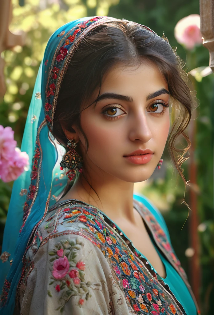 (best quality,4k,8k,highres,masterpiece:1.2),ultra-detailed,(realistic,photorealistic,photo-realistic:1.37),stunning, vibrant colors,syrian young girl,beautiful detailed eyes,beautiful detailed lips,longeyelashes,medium:oil painting,soft blending techniques,warm and natural lighting,emotional expression,gentle smile,captivating gaze,delicate facial features,flowing hair,traditional syrian clothing,ornate patterns and embroidery,subtle texture on the skin,fine brushwork on the background,dreamy atmosphere,intimate and close-up composition,subtle hint of sadness but with hope shining through,a sense of resilience and strength,peaceful garden in the background,with colorful flowers and trees,soft sunlight filtering through the leaves,serene and tranquil setting,harmony between the girl and her surroundings