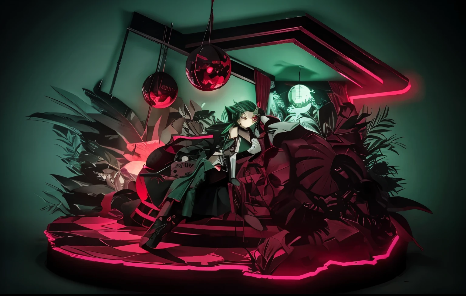 Unknown gender,Humanity,Yandere,Ghoul Bloodline,Dark green hair,Red-black eyes,With a mathematical plus sign