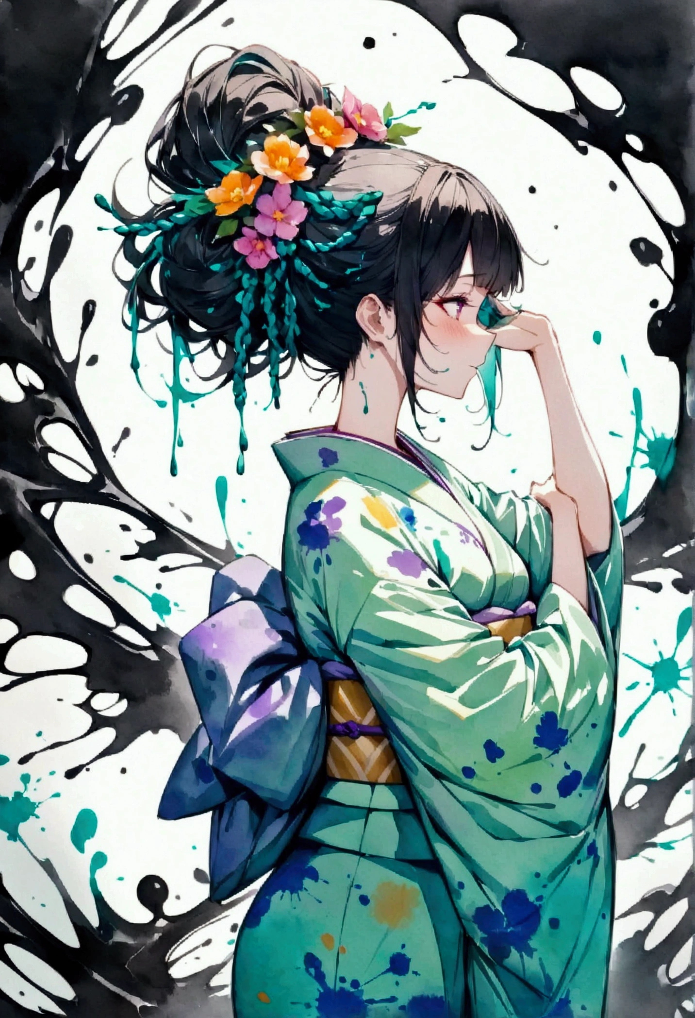 masterpiece, Highest quality, 1 girl, kimono, (Licorice flower) For hair, Very detailed, High resolution, Put your hair up, (Aqua ink and paint splatter), (Aqua ink and paint splatter), (Black ink, Black paint splashes), watercolor, Vibrant colors, Octane