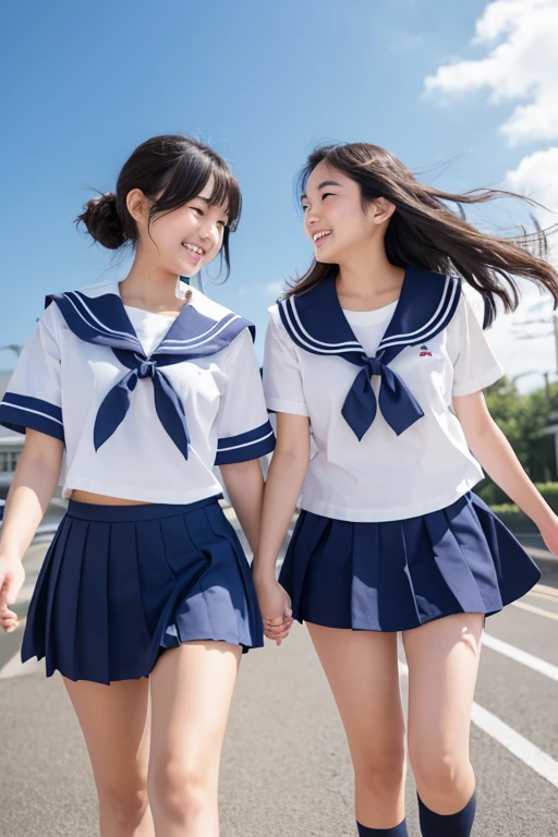 Holding hands like lovers、Two high school girls walking together, smiling mischievously。Wearing a sailor suit、The mid-length skirt was blown up by the wind、Underwear is visible。Rear view、Low angle shot