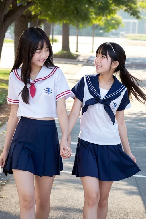 Holding hands like lovers、Two high school girls walking together, smiling mischievously。Wearing a sailor suit、The mid-length skirt was blown up by the wind、Underwear is visible。Rear view、Low angle shot
