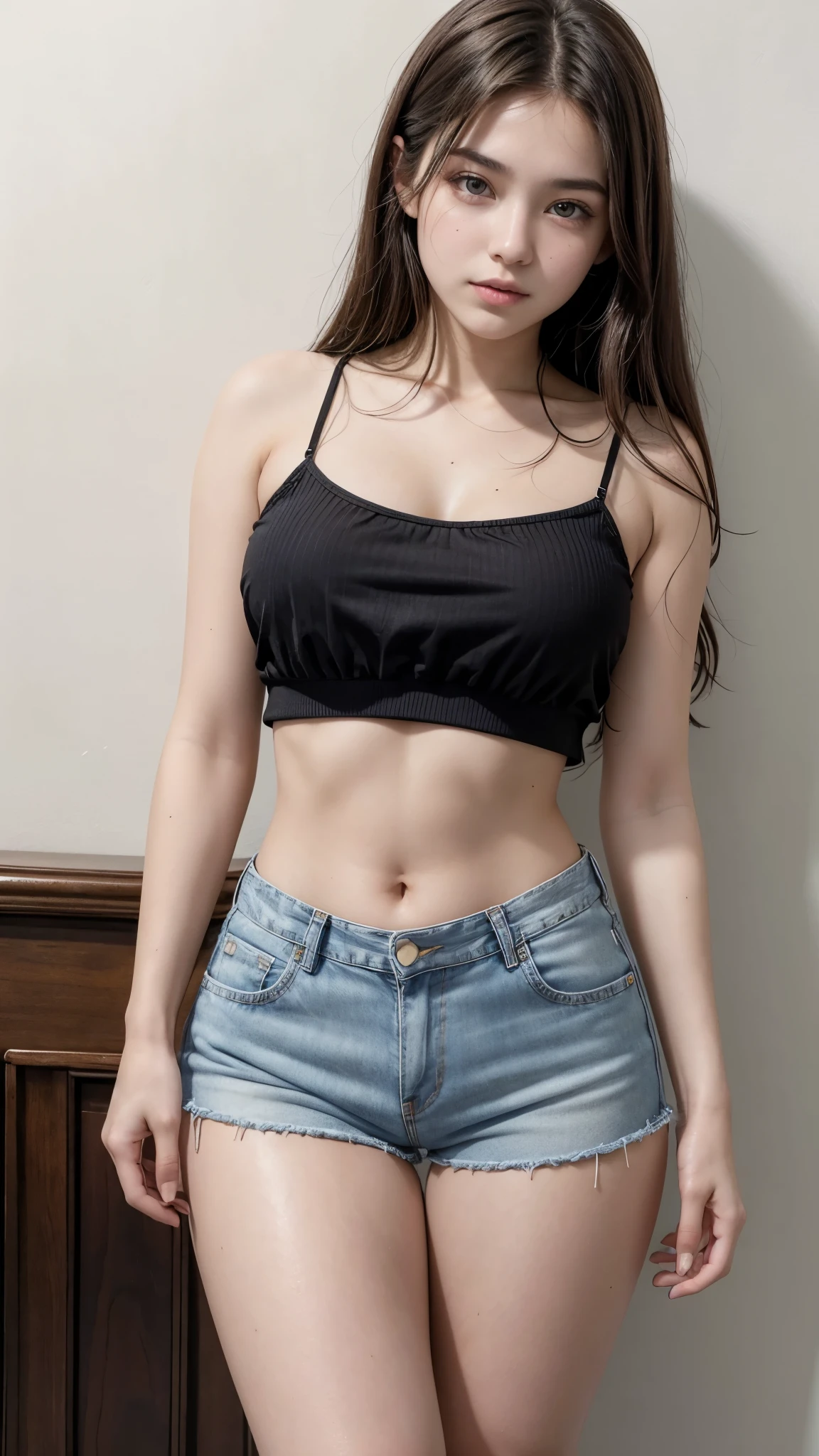 Beautiful 18-year-old brunette girl wearing a spaghetti strap blouse and high-waisted denim shorts, wearing a black belt and showing her navel with thick legs