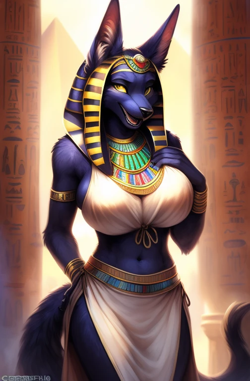 by kenket, by totesfleisch8, (by furry, Anubis, furry, jackal, juicy figure,revealing bust,playful look, buxom,Egyptian clothes, animal_ear_fluff, open_clothes, upper body, tail, (clothed), (egyptian clothes), bottomwear & topwear, navel, sunlight, dessert, open mouth, from below, ((FurryAnime:1.2, FurryCore:1.2)), big breasts