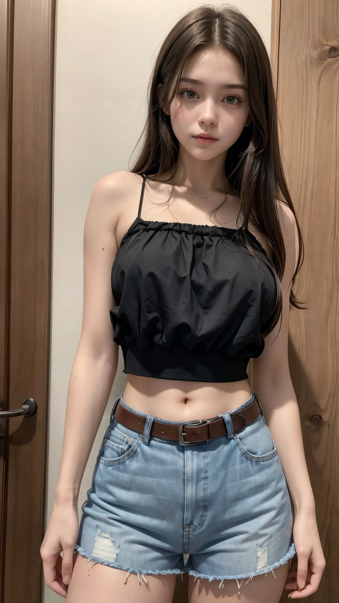 Beautiful 18-year-old brunette girl wearing a spaghetti strap blouse and high-waisted denim shorts, wearing a black belt and showing her navel with thick legs