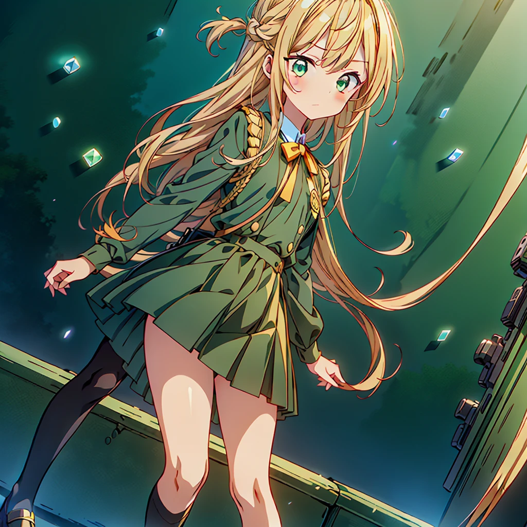 1girl、Simple green background、(((Highest quality、Masterpiece、Official Art、Super detailed、Golden Ratio、Anime Style、The best dynamic composition)))、Keyakizaka46、Silent Majority、Dark green dress、A-type dress、Above the knee、Black knee-high socks、Black Loafers、uniform、Red ribbon on chest、White shirt、Face close-up、