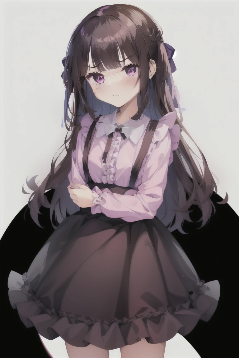 1girl,独奏,long_hair,blush,bangs,skirt,shirt,black_hair,long_sleeves,bow,very_long_hair,purple_eyes,hair_bow,frills,puffy_sleeves,collared_shirt,black_skirt,bag,two_Side_up,v-shaped_eyebrows,dress_shirt,black_bow,depth_of_field,lace_trim,puffy_long_sleeves,pink_shirt,emphasis_lines,jiraikei_fashion,Character portrait, whole body, expensive_solve, clear_image, expensive_Contrast, 8k, Sparkling, beautiful_detailed_face_and_eye, (Brown Hair:1.25), 白 eye,Black background,full body, Character portrait, whole body, expensive_solve, clear_image, expensive_Contrast, 8k, Sparkling, beautiful_detailed_face_and_eye, (Black Hair:1.25), 白 eye