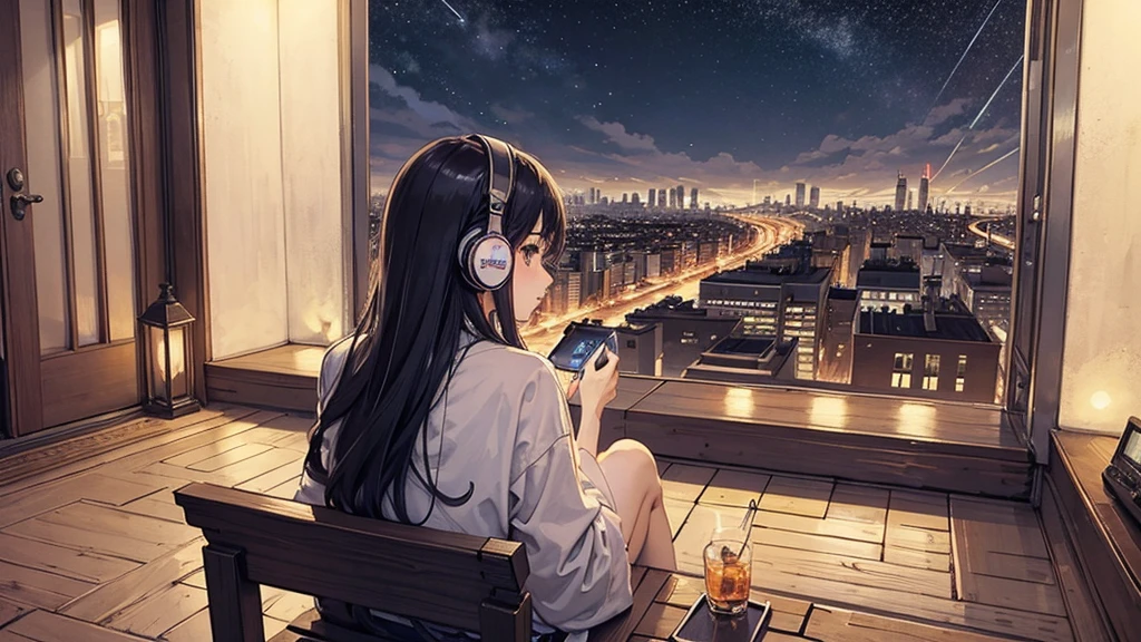 A girl is sitting on the balcony、A scene where you are wearing headphones and looking at the night view of the city。The girl is relaxing、Enjoying a quiet night。A woman is looking at the night view、The back view is shown。Stars shine in the night sky、The city lights stretch out in the distance。