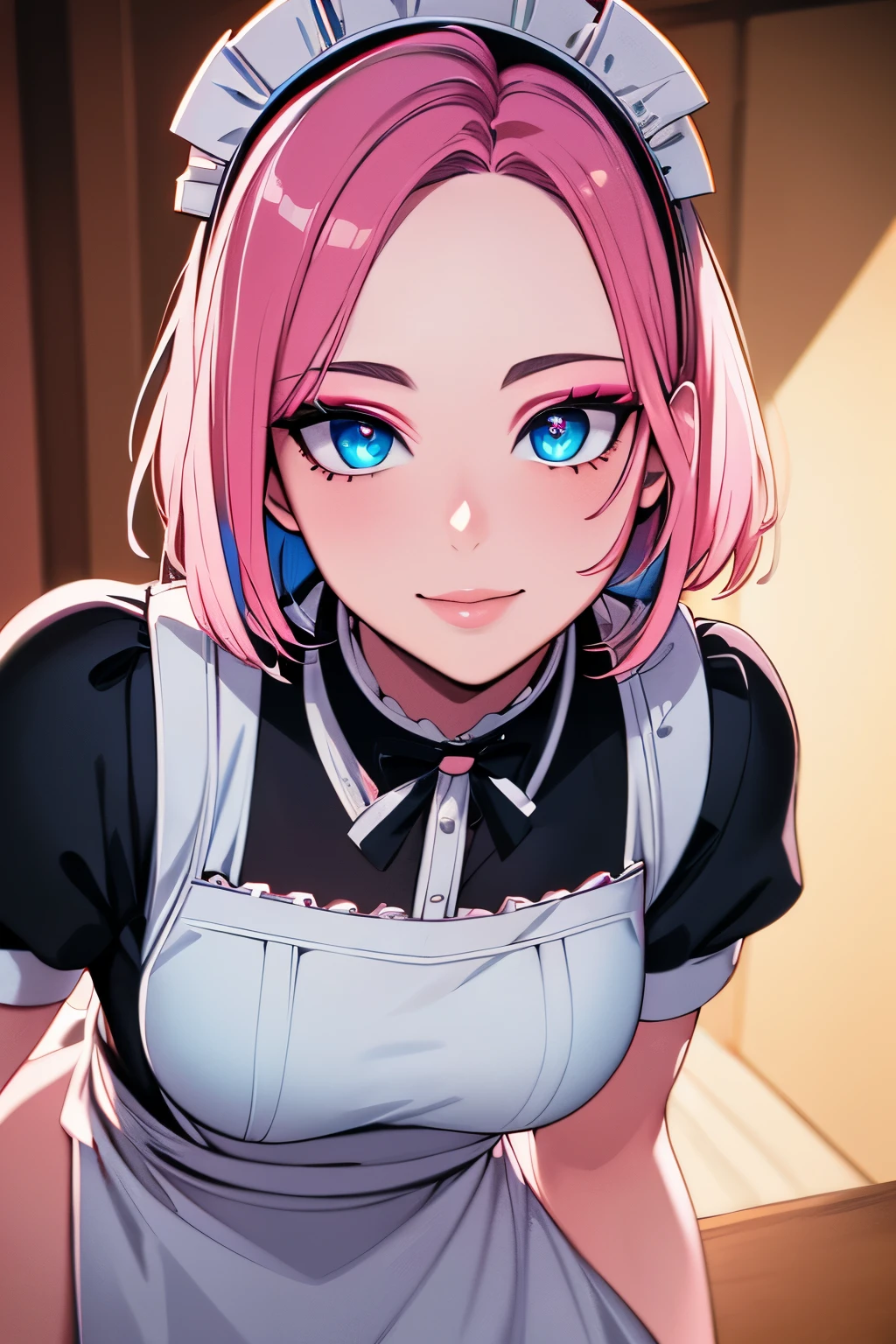 ((masterpiece)), ((ultra-detailed)), ((best quality)), ((intricate details)), ((chromatic aberration)), 1girl, forehead, shy, small breasts, makeup, black eyeliner, looking at viewer, pink hair, blue eyes, maid outfit, apron, maid headdress, bob cut, light smile