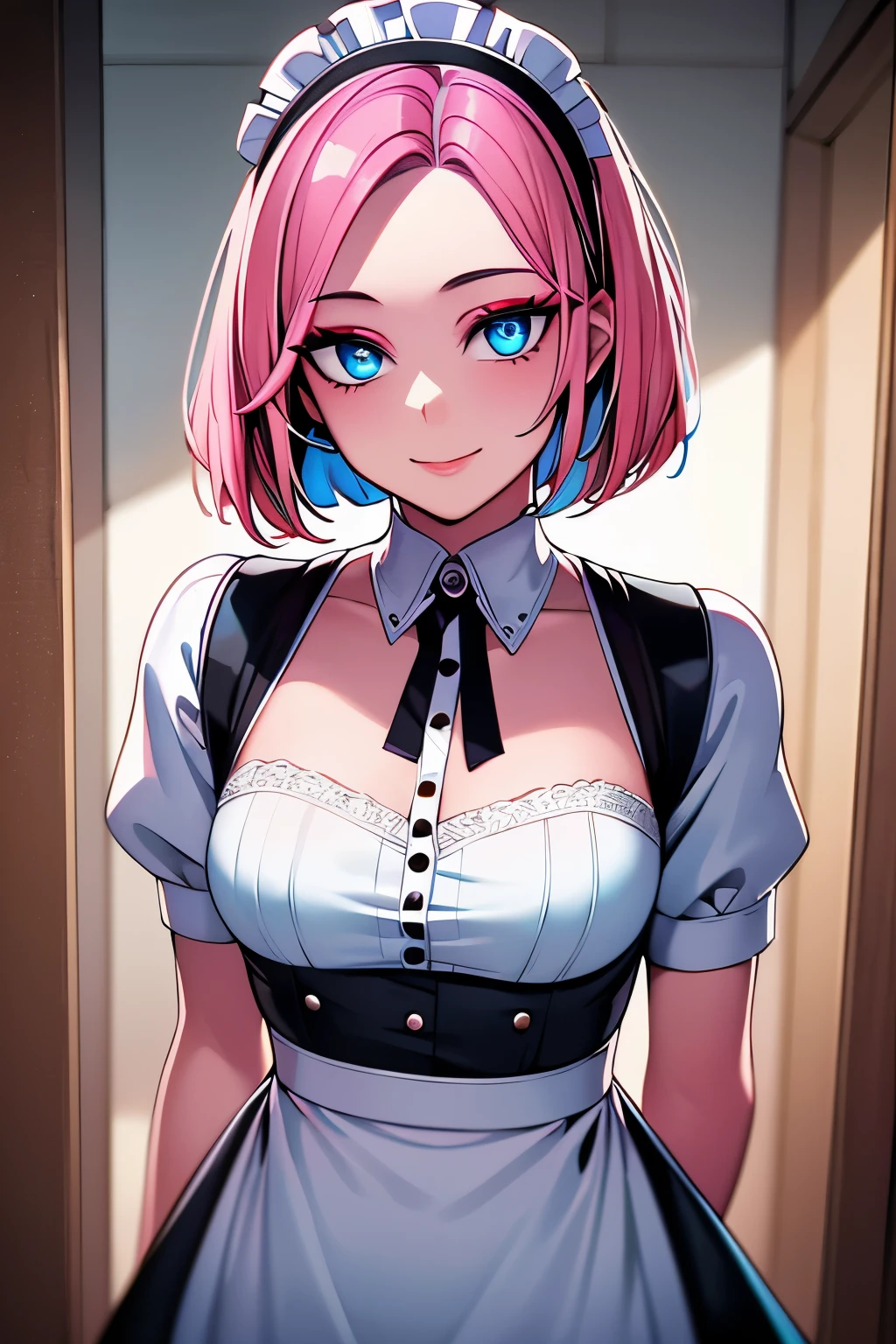 ((masterpiece)), ((ultra-detailed)), ((best quality)), ((intricate details)), ((chromatic aberration)), 1girl, forehead, shy, small breasts, makeup, black eyeliner, looking at viewer, pink hair, blue eyes, maid outfit, apron, maid headdress, bob cut, light smile