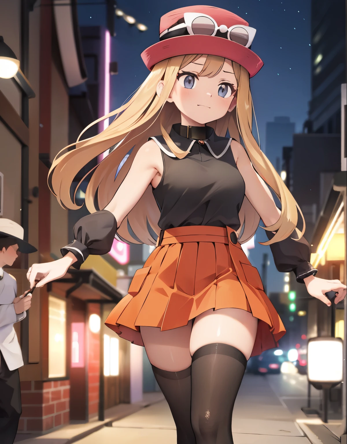 (best quality,4k,8k,highres,masterpiece:1.2), ultra-detailed, realistic:1.37, HDR, studio lighting, vivid colors, bokeh, baking, sketches, full body, eyewear on head, hat, skirt, sunglasses, shirt, black shirt, sleeveless, red skirt, pink hat, black thighhighs, white panties, detailed eyes, innocent gaze, nervous, fearful, embarrassed, nervous smile, visible thighs, thick thighs, thighs in the foreground, walking, alley, watched by a crowd of men, they observe her body, looking_at_viewer, she tries to hide her thighs with her hands, She is wearing a pet collar, one hand is holding the collar, she is being walked like a fly