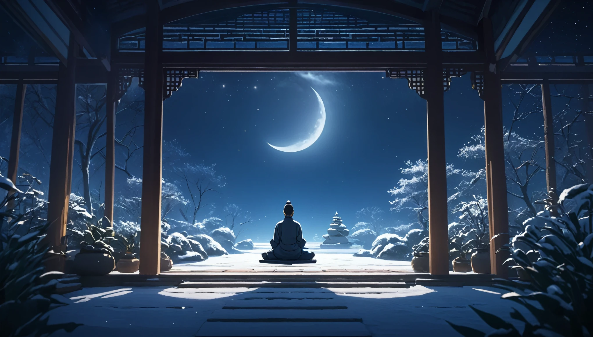 Oriental person meditating. The setting is a winter garden, under the moonlight. Beautiful landscape with a winter garden.   night sky. cinematic lighting. Person meditating. meditation 