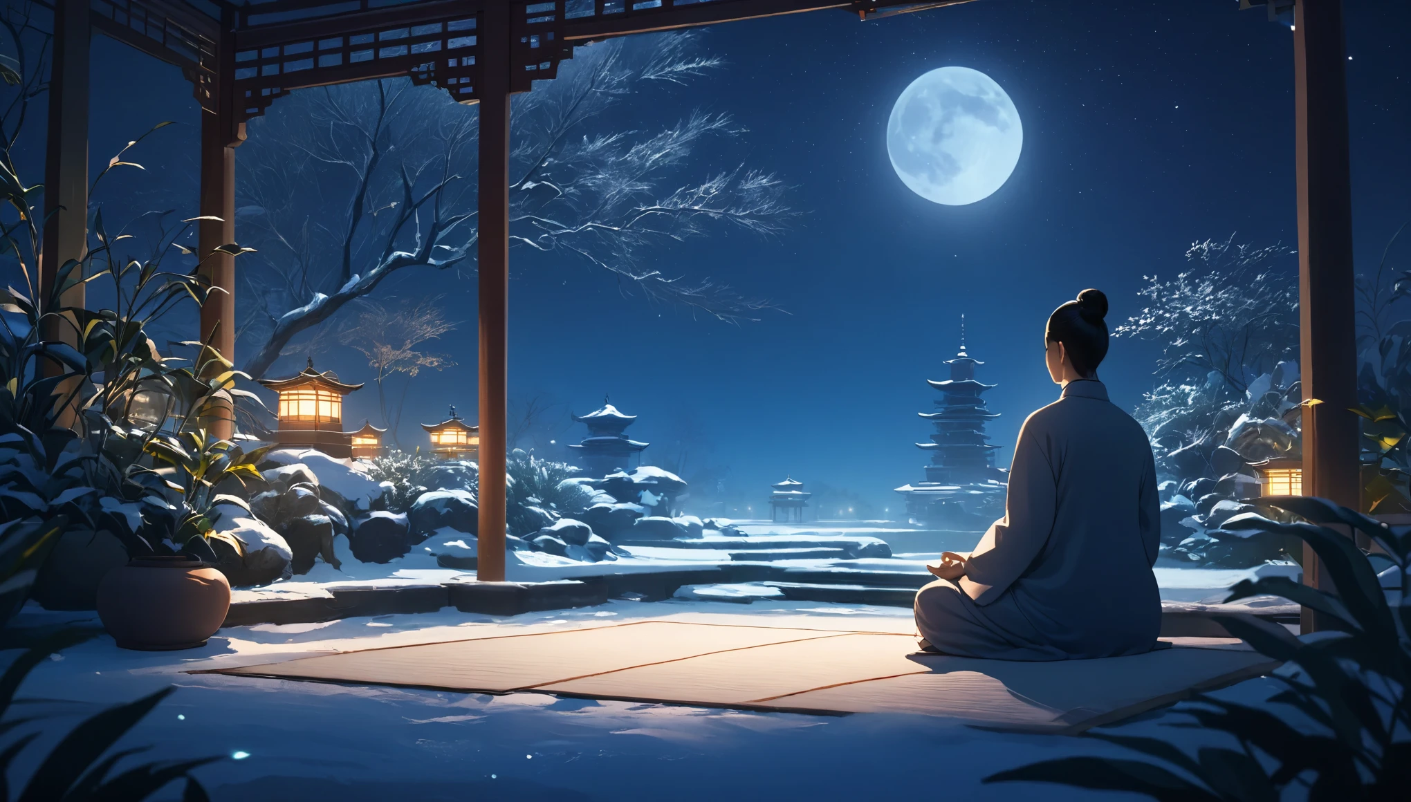 Oriental person meditating. The setting is a winter garden, under the moonlight. Beautiful landscape with a winter garden.   night sky. cinematic lighting. Person meditating. meditation 