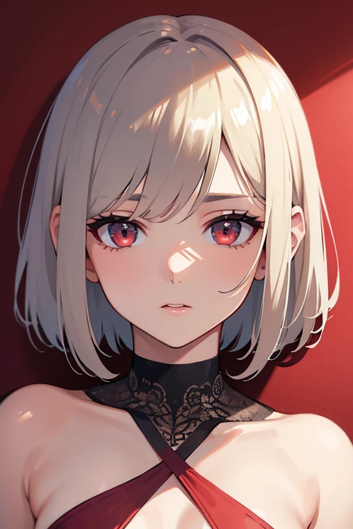 masterpiece, Best Quality, ultra high resolution, beautiful detailed hair detailed face, perfect female face , mature face , short bob hair , by platinum ruby , (small red 2 piece bikini )